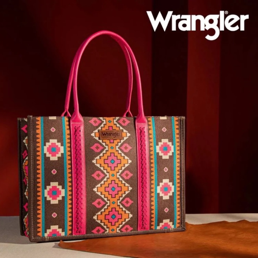 Wrangler Southwestern Pattern Dual Sided Print Canvas Wide Tote Hot Pink